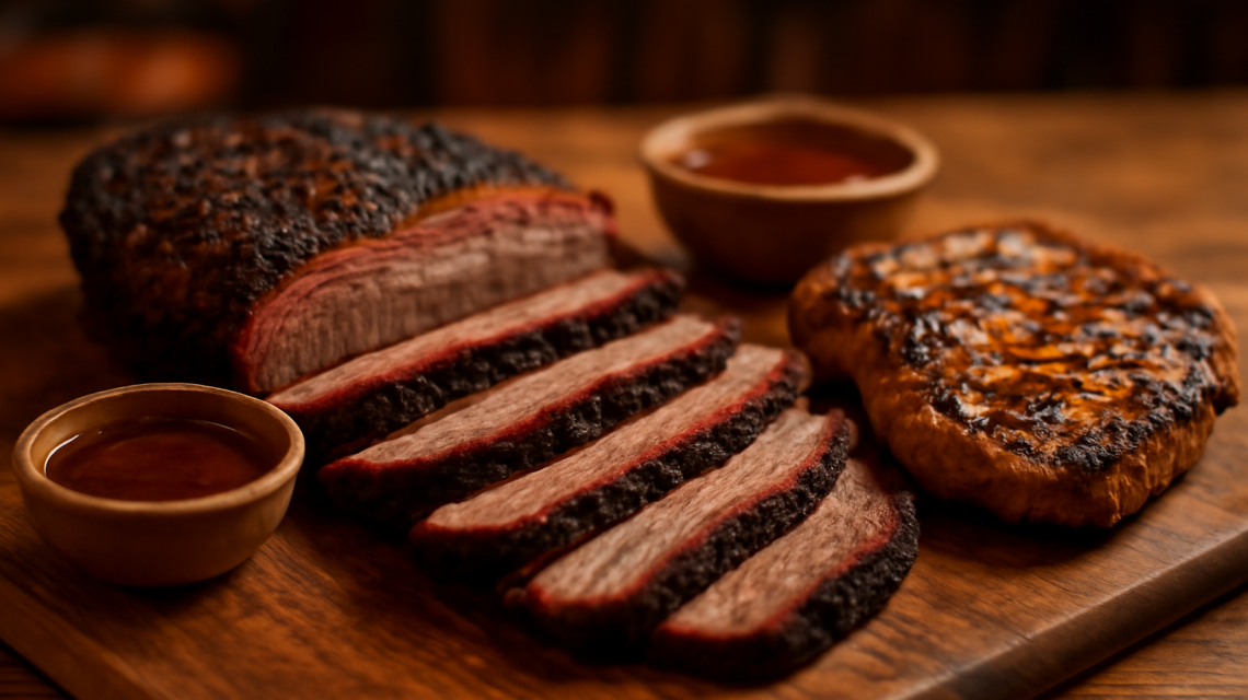 Irisan brisket dan pork steak di atas talenan kayu di restoran BBQ