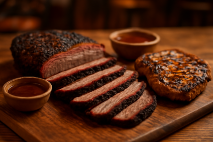 Irisan brisket dan pork steak di atas talenan kayu di restoran BBQ