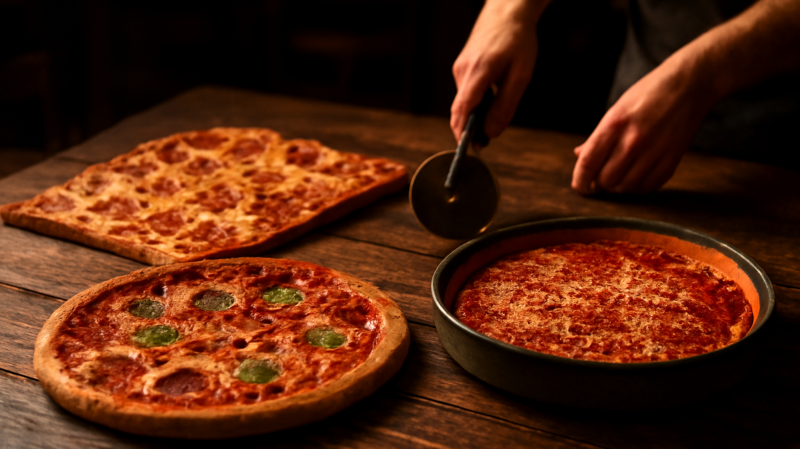 Tiga gaya pizza berbeda di atas meja kayu di restoran pizza St. Louis