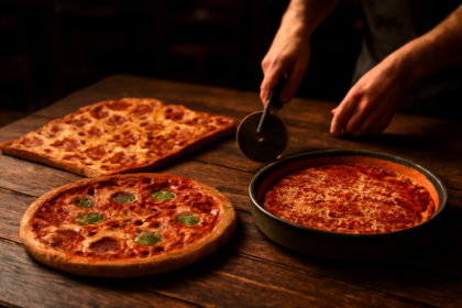 Tiga gaya pizza berbeda di atas meja kayu di restoran pizza St. Louis