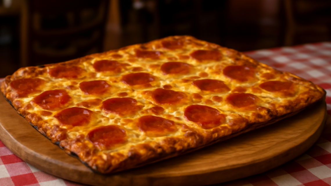 Pizza tipis khas St. Louis dengan keju provel dan pepperoni di atas talenan kayu