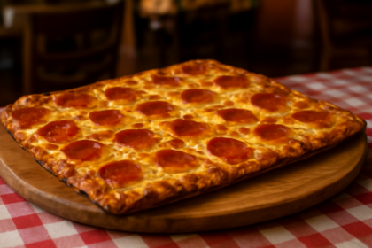 Pizza tipis khas St. Louis dengan keju provel dan pepperoni di atas talenan kayu