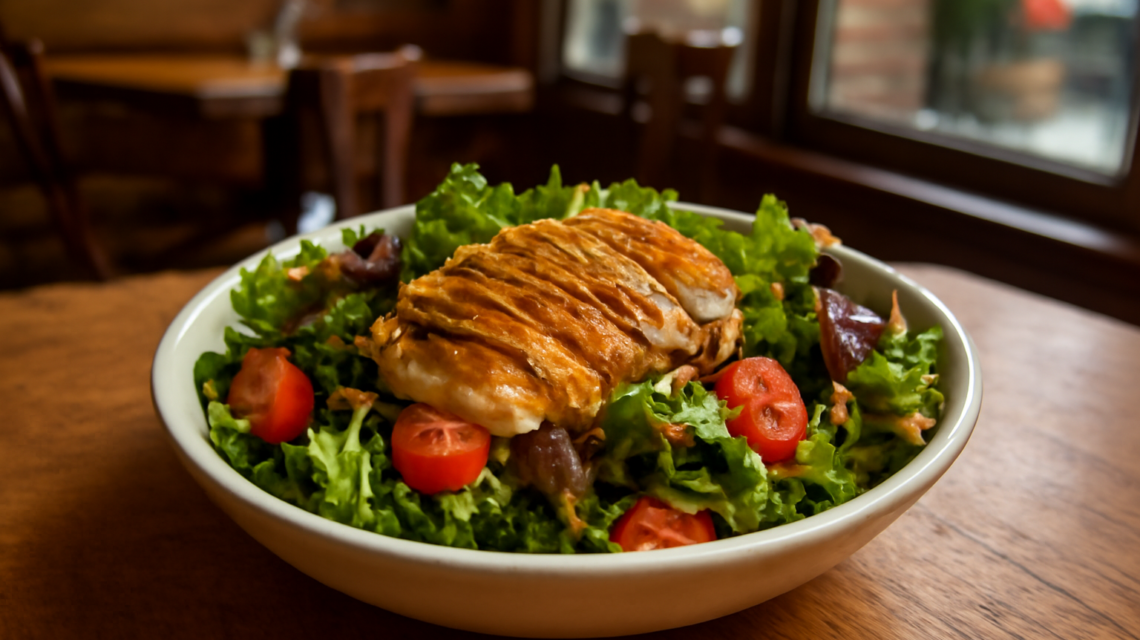 Semangkuk salad segar dengan ayam panggang dan tomat ceri di meja kafe