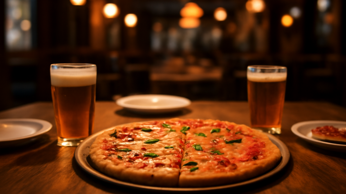 Meja makan malam dengan pizza dan minuman di restoran St. Louis