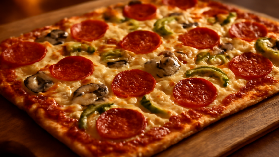 Pizza crust tipis St. Louis dengan topping pepperoni, jamur, dan paprika di atas talenan kayu