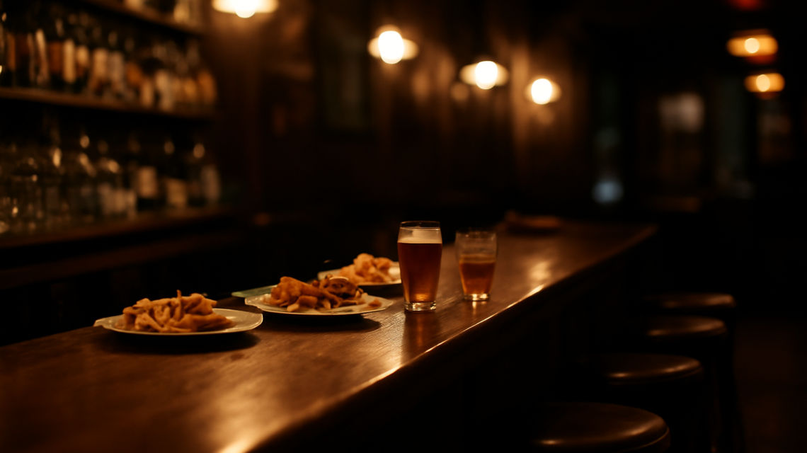 Suasana bar kuliner dengan meja kayu dan lampu hangat di malam hari