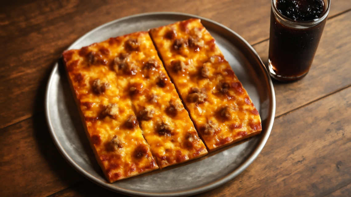 Pizza tipis potong kotak dengan keju meleleh dan sosis di atas loyang logam