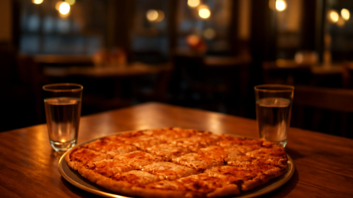 Meja makan malam dengan pizza tipis potong kotak di restoran lingkungan St. Louis