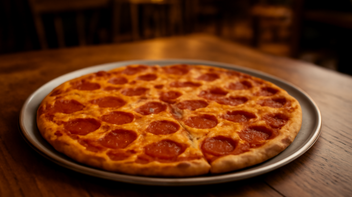 Pizza kerak tipis khas St. Louis dengan topping keju dan pepperoni di atas meja restoran