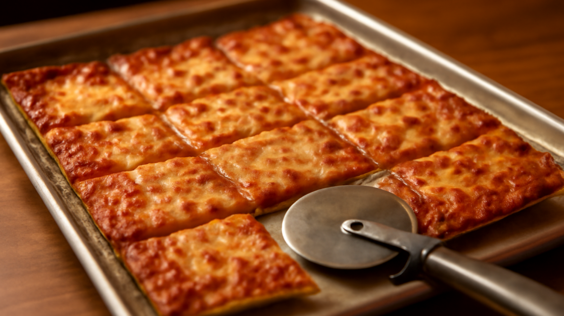 Pizza tipis St. Louis dipotong kotak di atas loyang logam