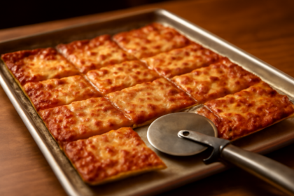 Pizza tipis St. Louis dipotong kotak di atas loyang logam
