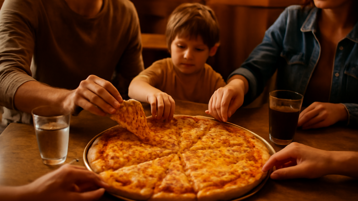 Keluarga berbagi pizza di restoran ramah anak di St. Louis dengan suasana hangat