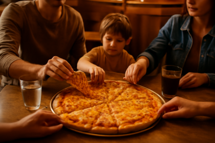 Keluarga berbagi pizza di restoran ramah anak di St. Louis dengan suasana hangat