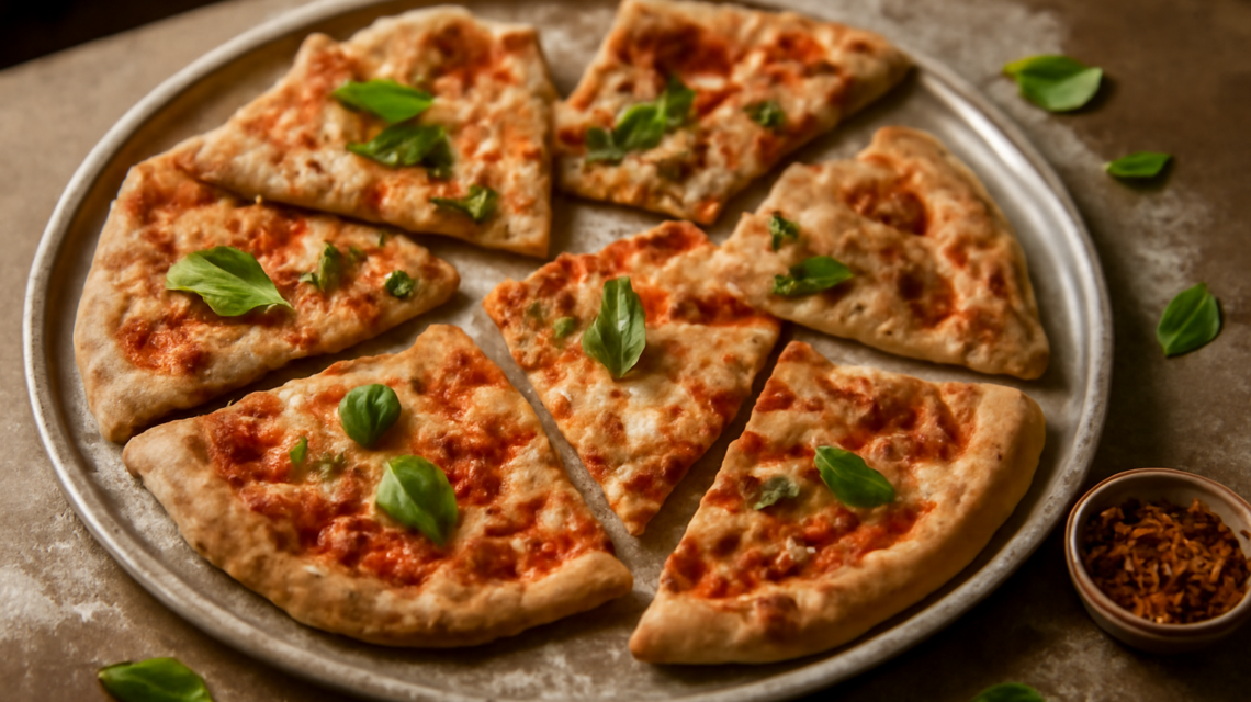 Aneka potongan pizza iris tipis di atas loyang logam dengan daun basil dan cabai kering