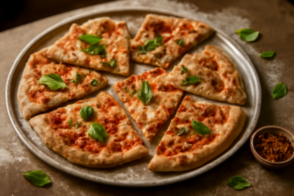 Aneka potongan pizza iris tipis di atas loyang logam dengan daun basil dan cabai kering